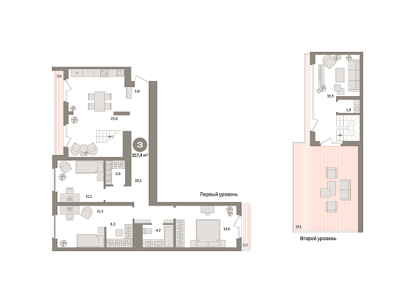 Новая 3-к квартира
 157.4 м² на 7/7 этаже в ЖК «Южные кварталы» в городе Тюмень 