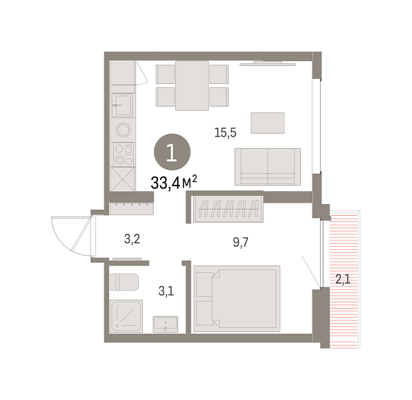 Новая 1-к квартира
 33.41 м² на 8/8 этаже в ЖК «Брусника в Академическом» в городе Тюмень 