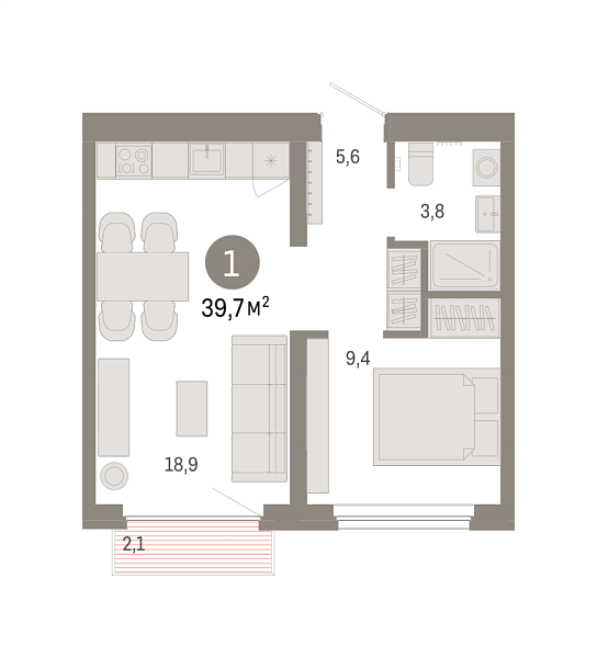 Новая 1-к квартира
 39.72 м² на 4/9 этаже в ЖК «Брусника в Академическом» в городе Тюмень 