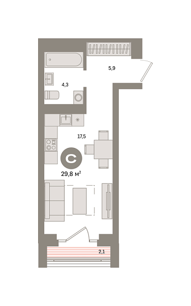 Новая квартира-студия
 29.8 м² на 7/24 этаже в ЖК «Квартал «Метроном»» в городе Тюмень 