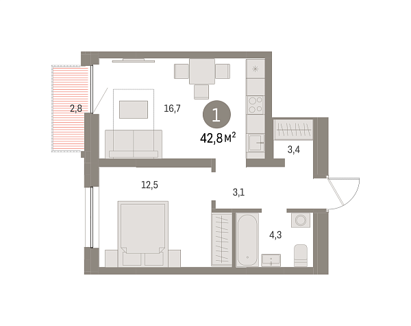 Новая 1-к квартира
 42.82 м² на 9/16 этаже в ЖК «Шишимская горка» в городе Тюмень 