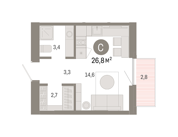 Новая квартира-студия
 26.83 м² на 7/8 этаже в ЖК «Южные кварталы» в городе Тюмень 