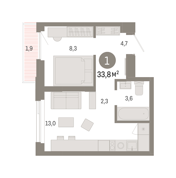 Новая 1-к квартира
 33.82 м² на 10/25 этаже в ЖК «Зарека» в городе Тюмень 