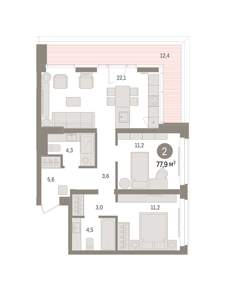 Новая 2-к квартира
 77.86 м² на 13/16 этаже в ЖК «Кварталы «На Минской»» в городе Тюмень 