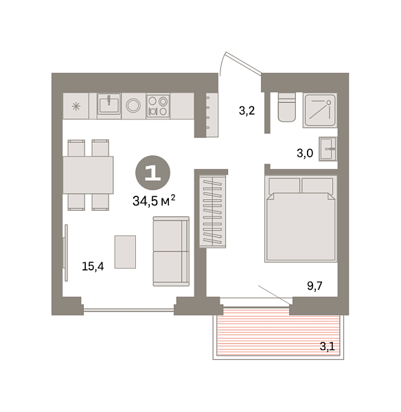 Новая 1-к квартира
 34.46 м² на 9/9 этаже в ЖК «Квартал «Депо»» в городе Тюмень 