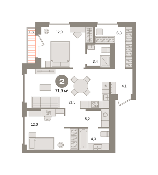 Новая 2-к квартира
 71.93 м² на 13/17 этаже в ЖК «Первый квартал» в городе Тюмень 