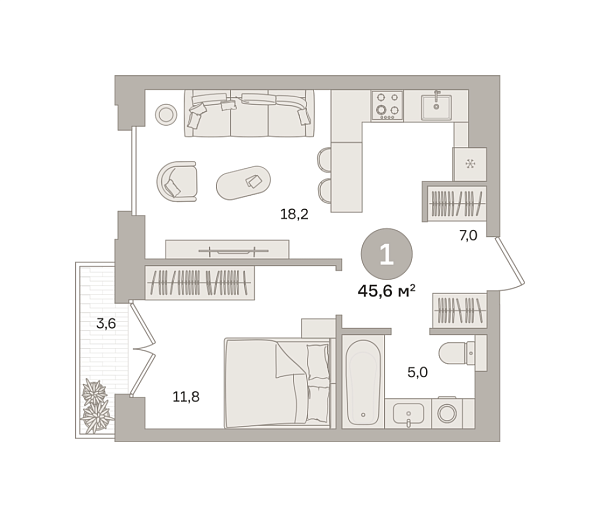 Новая 1-к квартира
 45.63 м² на 11/25 этаже в ЖК «Квартал «МОНС»» в городе Тюмень 