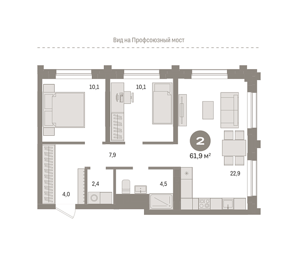 Новая 2-к квартира
 61.9 м² на 2/9 этаже в ЖК «Речной порт» в городе Тюмень 