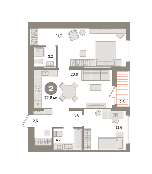 Новая 2-к квартира
 72.61 м² на 9/17 этаже в ЖК «Первый квартал» в городе Тюмень 