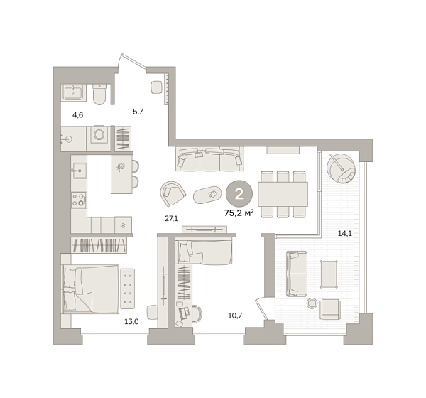 Новая 2-к квартира
 75.22 м² на 20/25 этаже в ЖК «Квартал «МОНС»» в городе Тюмень 