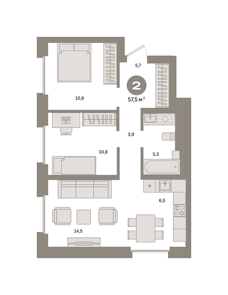 Новая 2-к квартира
 57.5 м² на 9/31 этаже в ЖК «Квартал «Метроном»» в городе Тюмень 