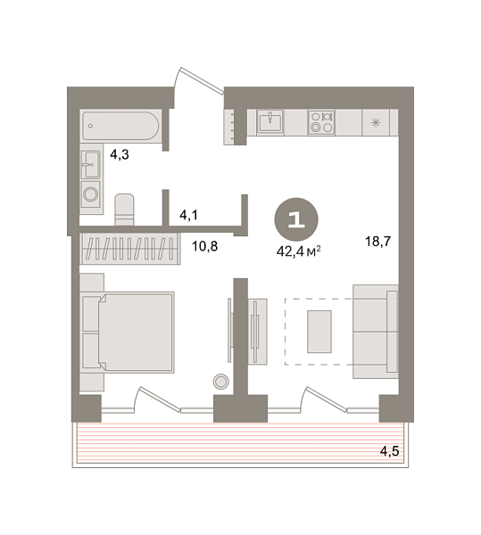 Новая 1-к квартира
 42.4 м² на 2/9 этаже в ЖК «Речной порт» в городе Тюмень 