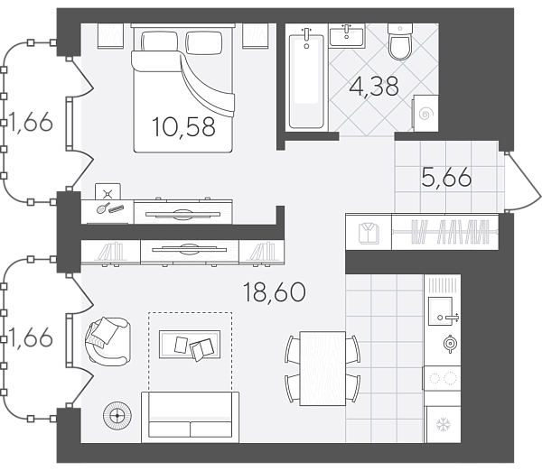 Новая 1-к квартира
 42.54 м² на 6/24 этаже в ЖК «Скандиа. Квартал в Слободе» в городе Тюмень 