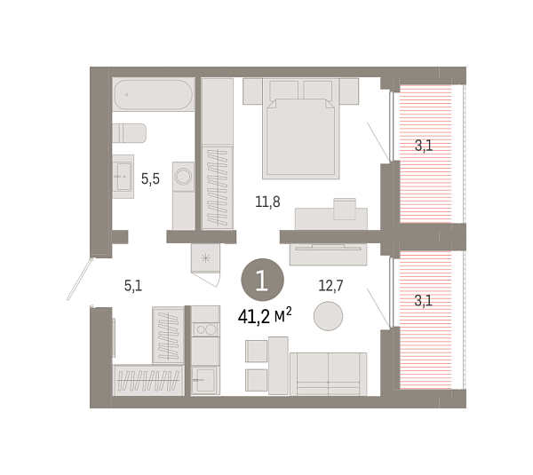 Новая 1-к квартира
 41.19 м² на 9/9 этаже в ЖК «Зарека» в городе Тюмень 
