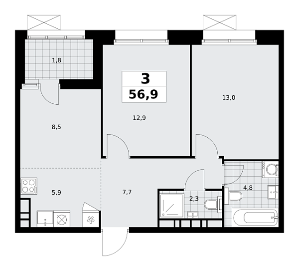Новая 3-к квартира
 56.8 м² на 21/21 этаже в ЖК «Бунинские кварталы» в городе Тюмень 