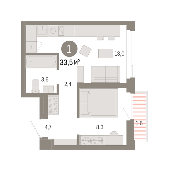 Новая 1-к квартира
 33.53 м² на 14/25 этаже в ЖК «Зарека» в городе Тюмень 