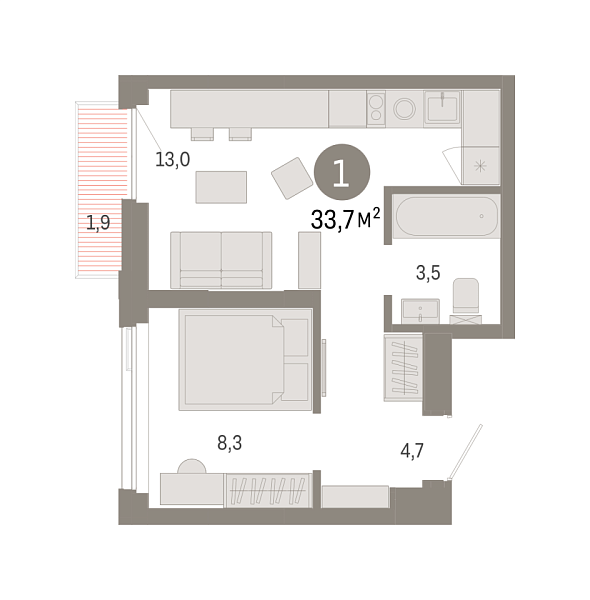 Новая 1-к квартира
 33.71 м² на 14/25 этаже в ЖК «Зарека» в городе Тюмень 