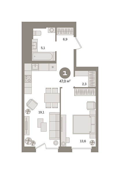 Новая 1-к квартира
 46.99 м² на 12/23 этаже в ЖК «Квартал Герцена» в городе Тюмень 